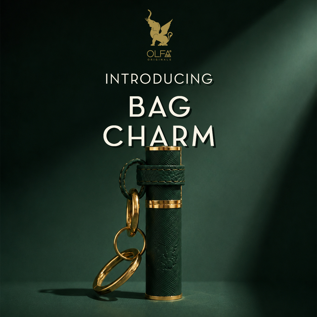 Olfa Originals refillable perfume bag charm in green with gold rings