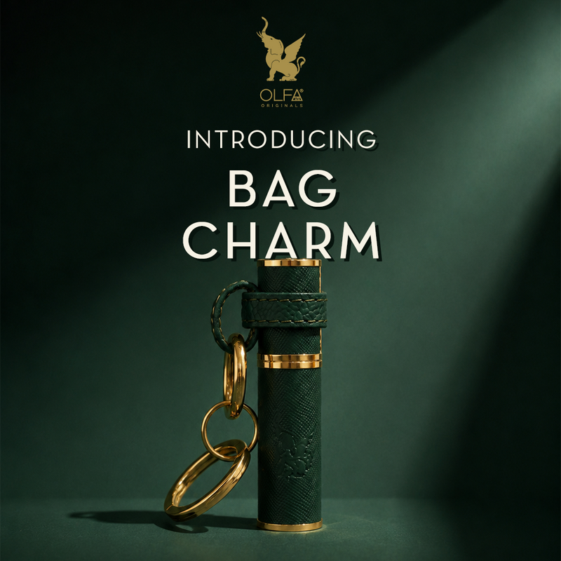 Olfa Originals refillable perfume bag charm in green with gold rings